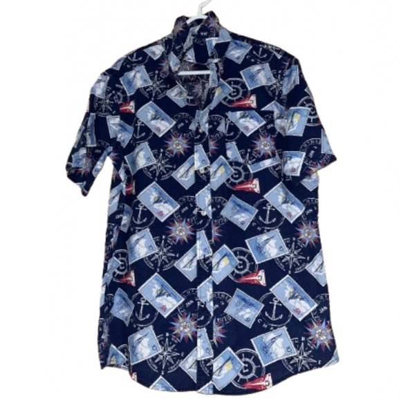 Chaps Men’s Blue Multi “Ocean Cruise Ship | Anchor Compass” Printed Shirt Sz-M - Picture 1 of 4